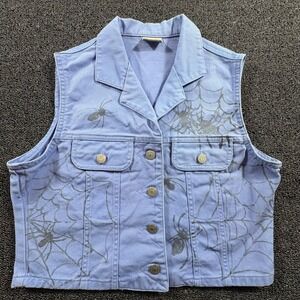 Memphis Cropped Denim Vest Women's S Spider Web Graphic Print Purple Button